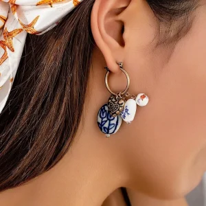 Simple Trendy Metal Blue White Porcelain Flower Summer Vintage Heart Earrings for Women Drop Earrings Alloy Fashion Jewelry