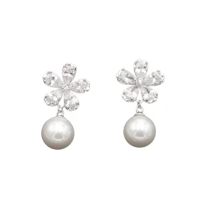 Simple Versatile Alloy Pearl Flower Drop Earrings for Women Light Luxury Niche Fairy Fashionable Fresh Elegant