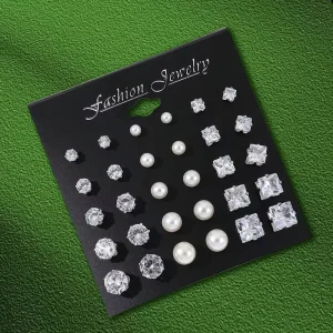 Simple and Fashionable Zircon Pearl Earrings 12 Pairs Combination Set Stainless Steel Earrings for Men and Women