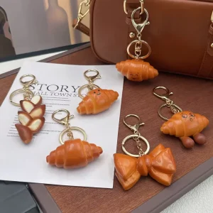 Simulation Food Bread Pretzel Croissant Bag Charm Keychain Cute Resin Bow Bowknot Backpack Pendant Jewelry Accessories Key Chain