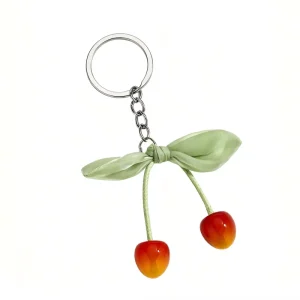 Simulation Fruit Lace Green Leaf Cherry Keychain Pendant Sweet Bow Cherry Car Key Backpack Hanging Ornament