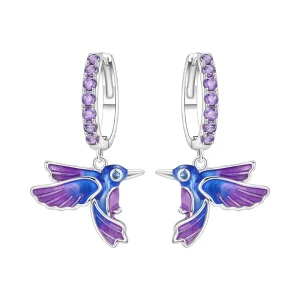 Single Row Zircon Paved Gradient Blue Purple Enamel Hummingbird Dangle Drop Earrings Copper Silver Plated Women’s