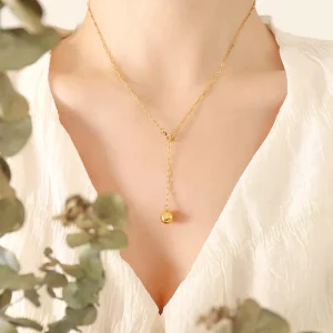Sliding Tassel Jewelry Daily Wear Long Trendy Beaded Necklace 18K Gold Plated Fashion Chain with Y Shape Ball Pendant