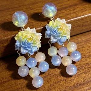 Small Fresh Gradient Flower Tassel Earrings Fashion Jewelry Jelly Colored Beaded Flower Pendant Earrings for Women