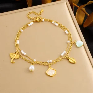 Small Fresh Leaf Shell Pearl Anklets Simulated Elephant Anklet Personalized Daily Wear Double Layers Women’S Gold Plated Jewelry