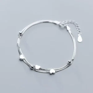 Small Love Heart Shape Statement Double Layer Chain Hand Charm 925 Sterling Silver Bracelets Fine Jewelry for Women