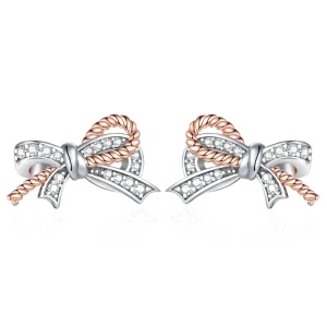 Small Vintage Heart Silver 925 Zircon Stud Earrings Rose Gold Plating Bow Twist Rope Design Trendy Fashionable Women’s