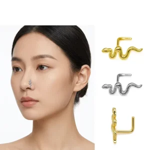 Snake Nose Ring Gold Snake Nose Stud Rings L Shaped Nose Piercing Jewelry 20G Body Jewelry