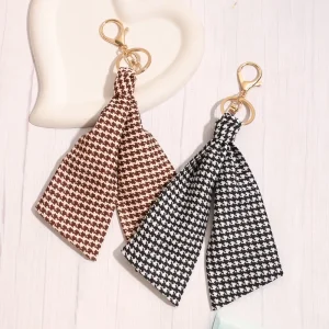 Soft Fabric Plaid Print Keychains Trendy Vintage Key Chain Brown Black Checkered Bag Hanging Charms for Women