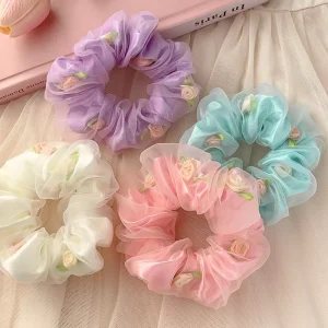 Soft Floral Organza Scrunchies Elastic Hair Bands Sweet Flower Hair Ties Fashion Hair Accessories for Women Girls Daily Wear