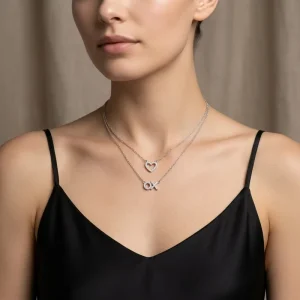 Solid 925 Sterling Silver Layered Necklace Heart Ox Letter Pendant Cubic Zircon Necklace for Women