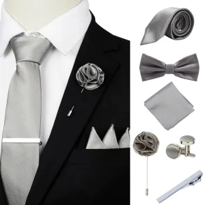 Solid Color Necktie and Pocket Square Cufflinks Tie Clip Neck Ties Sets for Men With Gift Box