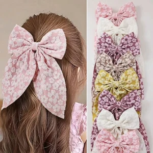 Solid Color Retro 3D Embossed Print Large Handmade Bow Hair Clip for Women Ponytail Holder for Back Head