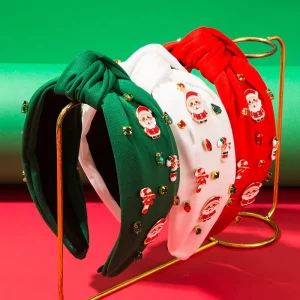 Solid-color Diamond-studded Walking Stick Hairband Santa Claus Accessory Wide Skull Cap Braided Christmas Hair Accessory