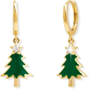 Sonateomber Women’s Cute Brass Small Gold Hoop Earrings with Star Green Design Christmas Tree Holiday Gift Fashion Jewelry