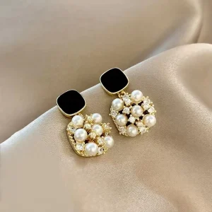 SongYi Korean Fashion Retro Drop Earrings Black Oil Dripping Pearl with Silver Needle Square Geometric Design Trendy Jewelry