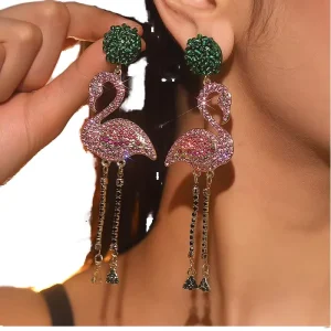 SongYi Ladies Fashion Crystal Zircon Long Tassel Flamingo Earrings Drop Earrings Jewelry