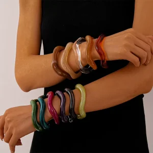 Sophisticated Chic Geometric Tie dye Hand painted Translucent Rounded Resin Cuff Bracelet for Summer Beach
