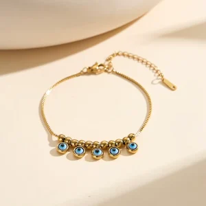 Sophisticated Stainless Steel 18K Gold Plated Hypoallergenic Minimalist Protection Smooth Bead Eye Bead Bracelet for Her