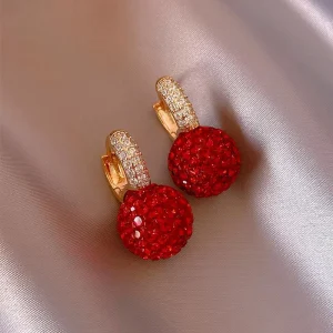 South Korean Fashionable Red Diamond Ball Stud Earrings Women’s Trendy New Year’s Gold Plated Alloy Explosion Temperament