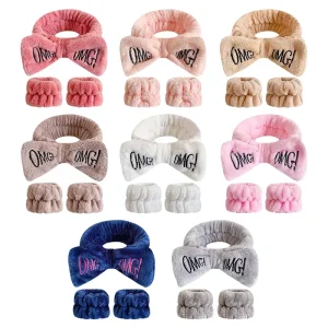 Spa Unisex Fashion Fluffy Bow Tie Facial Headband 2Pcs Microfiber Absorbent Wrist Wash Bands Hair Decoration