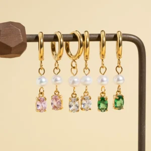 Sparkling CZ Oval Drop Huggie Hoop Earrings 18K Gold Pink Green Crystal Dangle Dainty Natural Pearl Birthstone Jewelry For Women