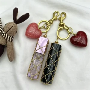 Sparkling Cherry Apple Heart Backpack Pendant Stainless Steel Lipstick Mesh Bag Keychain for Women