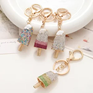 Sparkling Crystal Ice Cream Cone Charm Keyring Shiny Diamond Inlaid Metal Hanging Decor Sweet Gift for Girls