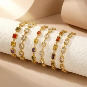 Sparkling Geometric Gemstone Chain Women Jewelry with Stainless Steel Gold Plated Colored Zircon Bracelet for Unisex Gift