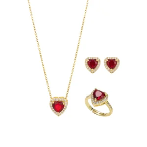 Sparkling Love Heart Zircon Necklace Earrings Ring Set Red 18k Gold Plated Brass Jewelry Set for Wedding Women Gift