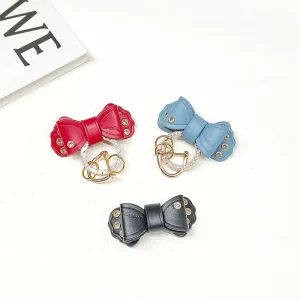 Sparkling Rhinestone Bow Bag Charm PU Leather Keychain Gold Metal Ring Car Key Holder Fashion Accessory for Women Girls Gift