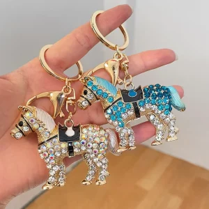 Sparkling Rhinestone Cartoon Fashion Horse Keychain Cute Enamel Pony Bag Charm Zinc Alloy Coin Holder Keyring for Women