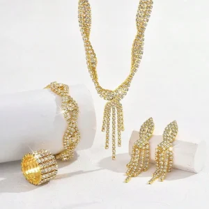 Sparkling Rhinestone Crystal Wedding Jewelry Set Three Piece Necklace Bracelet Earrings Geometry Design Electroplated Trendy