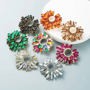 Sparkling Sunflower Rhinestone Stud Earrings Multi Color Crystal Alloy Round Statement Earrings Fashion Jewelry for Women Party