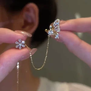 Sparkling Zircon Flower Butterfly Ear Bone Clip for Women Non Piercing butterfly Tassel Ear Cuff Clip Earrings Jewelry
