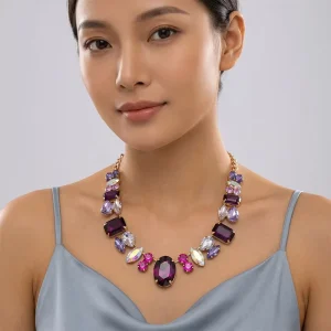 Sparkly French Gift Trending Fashion Crystal Colorful Chain Cz Assorted Stone Charms Chunky Rhinestone Bib Necklace For Women