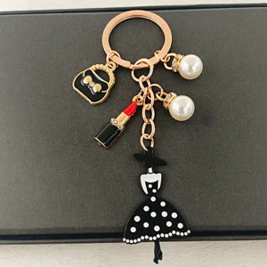 Sparkly Lipstick Rhinestone Keychain Crystal Keyring Fashion Pearl Skirt Girly Mini Bag Key Chain Women Car Handbags Charms Gift