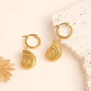 Spiral Conch Shell Drop Earrings for Women 18K Gold Plated Waterproof Stainless Steel Vintage Marine Fashion Jewelry