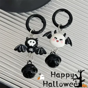 Spooky Cartoon Bat with Metal Bell Key Ring Unique Halloween Style Bag Ornament for Purse School Bag Decor
