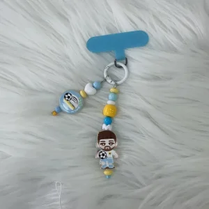 Sports Football Themed Blue Yellow Beaded Plastic Phone Strap Cute Bow Star Lanyard for Football Fans