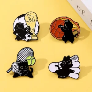 Sporty Black Cat Pin Badminton Basketball Kitty Cartoon Hard Enamel Zinc Alloy Custom Design Brooch with Custom Logo 1mm