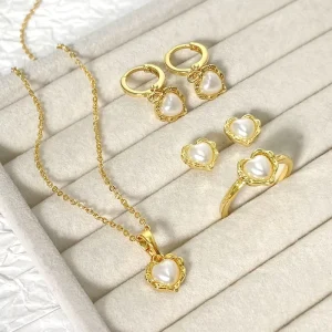 Spring Popular Trendy Jewelry Set Heart Shaped Pearl Necklace Earrings Ring Set