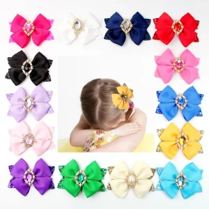 Spring Summer Colorful Glitter Hair Bows with Rhinestone for Girls Princess Hair Clip Kids Boutique Hair Accessories