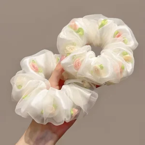 Spring Summer Mesh Flower Large Intestine Hair Ring Sweet High End Feeling Head Rope Girl Horsetail Rubber Band Hair Accessories
