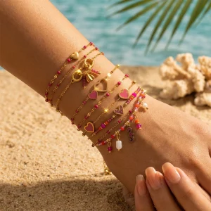 Spring Summer Stainless Steel Bracelet Gold Plated Heart Shaped Love Pink Beach Beaded Charm Bracelet for Women