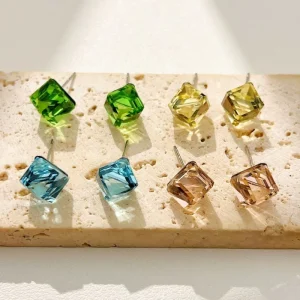 Square Crystal Stud Earrings Brass Material for Daily Wear and Party Occasions