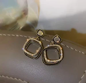 Square Folded Geometry Rhinestone Pendant Earrings for Women