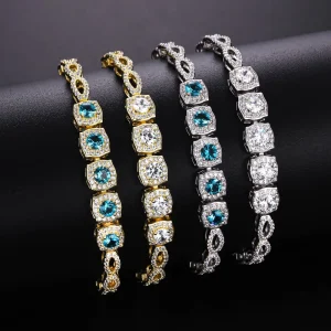 Square Heart Shape Crystal Tennis Link Bracelet Women Gold Plated Brass Multicolor Zircon Fashion Jewelry Gift