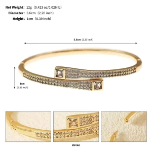 Square Zircon Bangle Women 18K Gold Plated Paved Cubic Zirconia Open Cuff Bracelet Hypoallergenic Anti-Tarnish