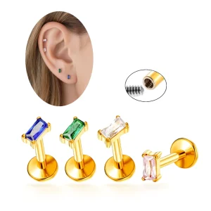 Square Zircon Cartilage Earrings ASTM F136 Titanium Internally Thread Labret Lobe Earring Helix Tragus Piercing Jewelry